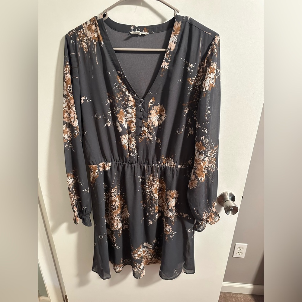 Maurices Gray/Blue and Brown Floral Long Sleeve Dress
